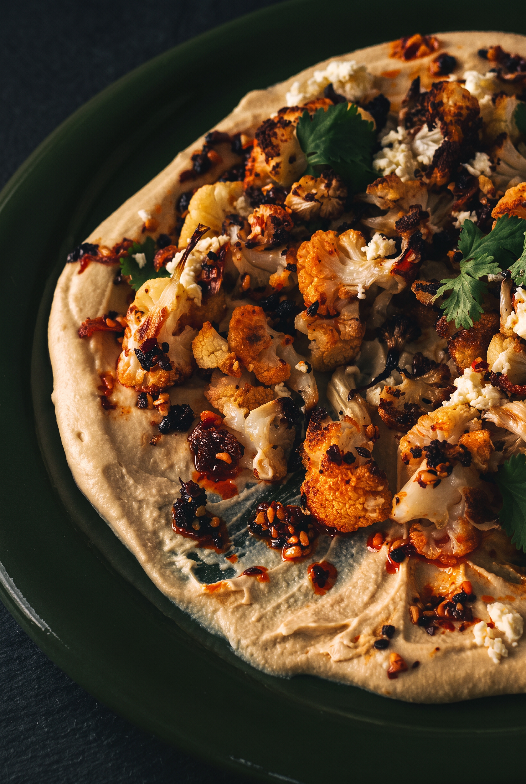 Flatbread with hummus, roasted cauliflower, feta and chilli crisp