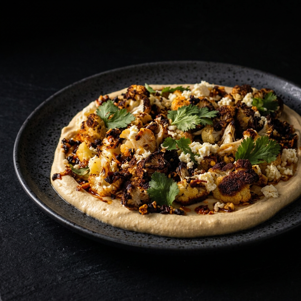 Charred roasted cauliflower over hummus with feta, coriander and chilli crisp on a dark speckled plate