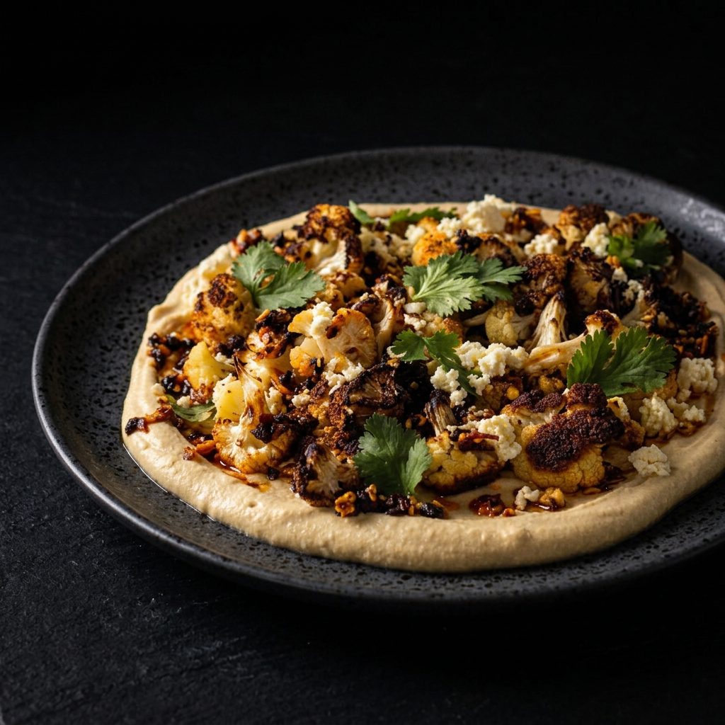 Charred roasted cauliflower over hummus with feta, coriander and chilli crisp on a dark speckled plate