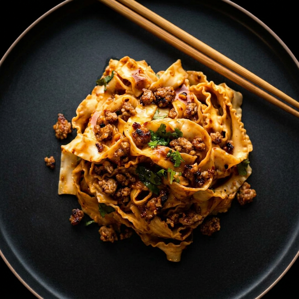 Bowl of dan dan noodles topped with pork mince, spring onion and chilli crisp