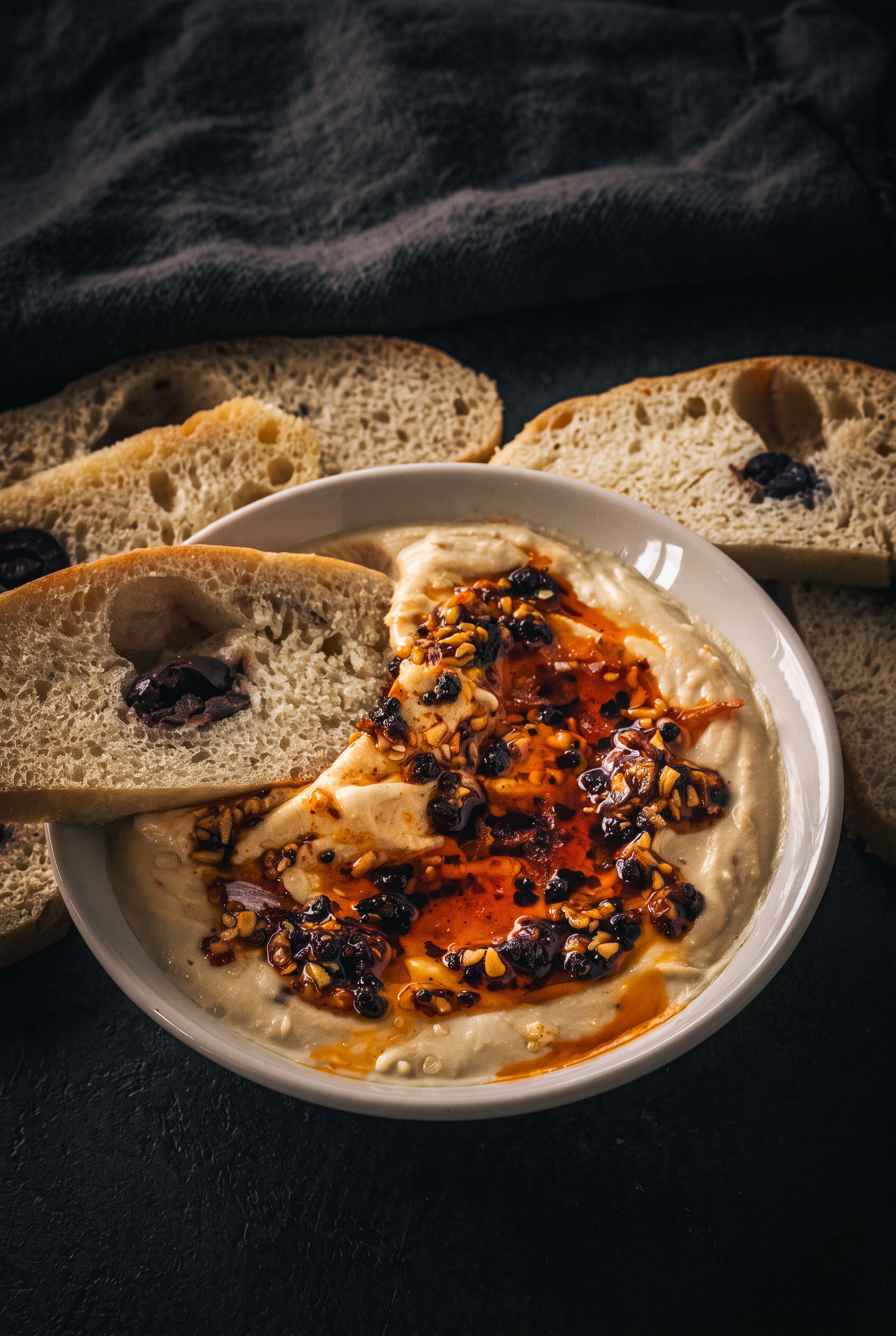 Bowl of hummus topped with chilli crisp and olive oil