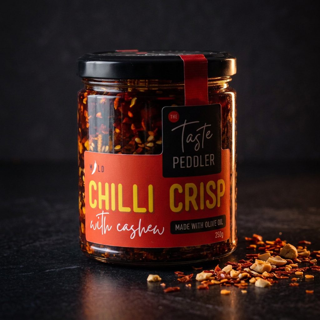 Jar of Taste Peddler chilli crisp with cashew made with olive oil on dark stone