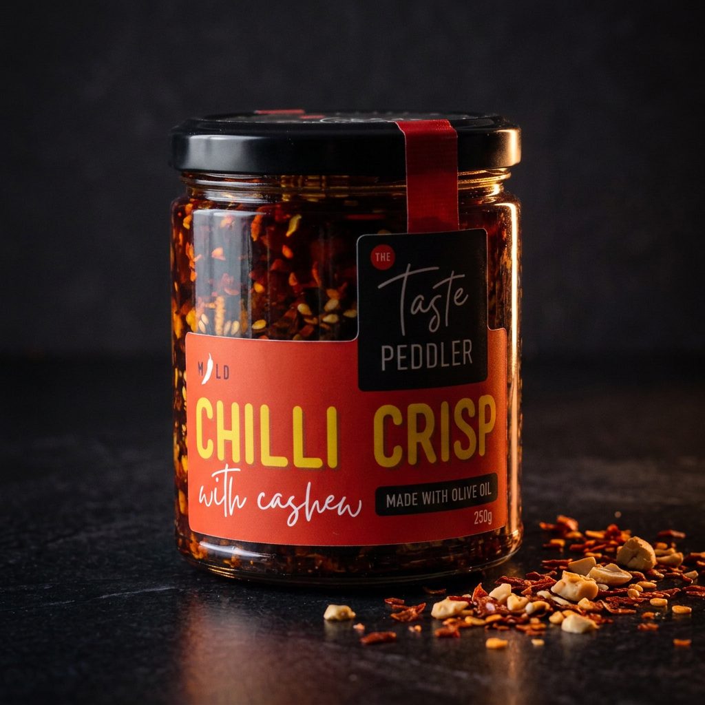 Jar of Taste Peddler chilli crisp with cashew made with olive oil on dark stone