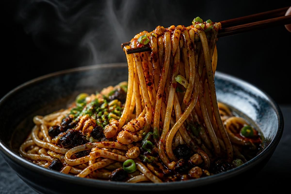 Chopsticks lifting noodles coated in chilli crisp
