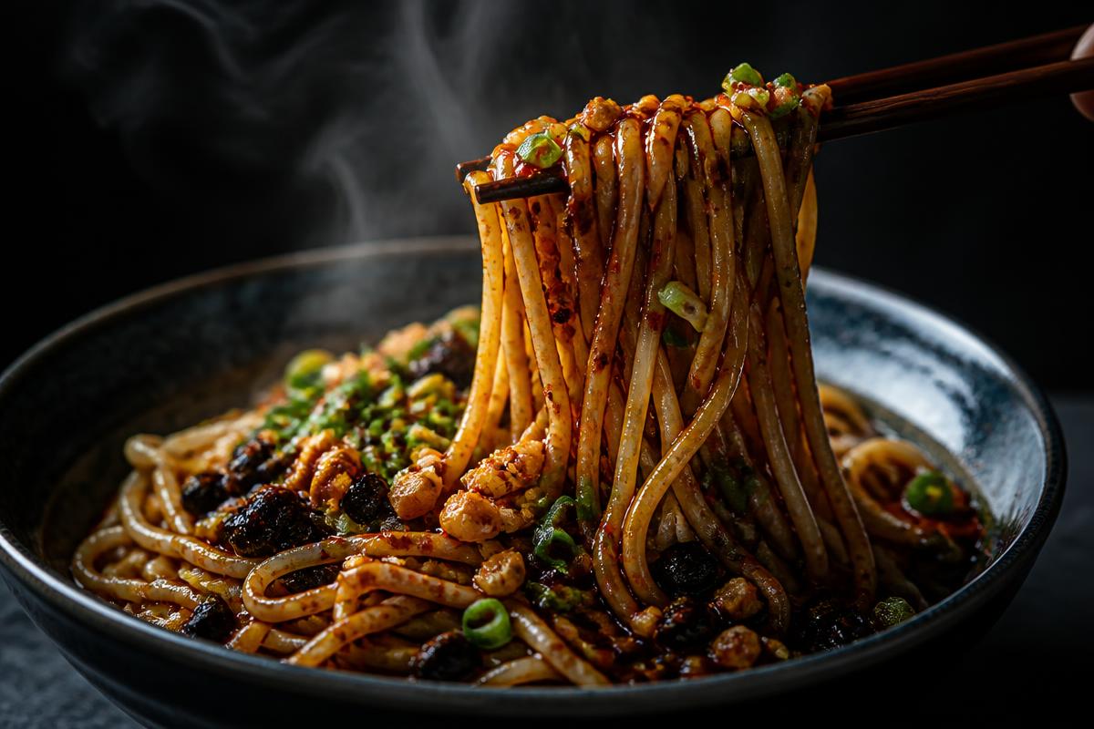 Chopsticks lifting noodles coated in chilli crisp