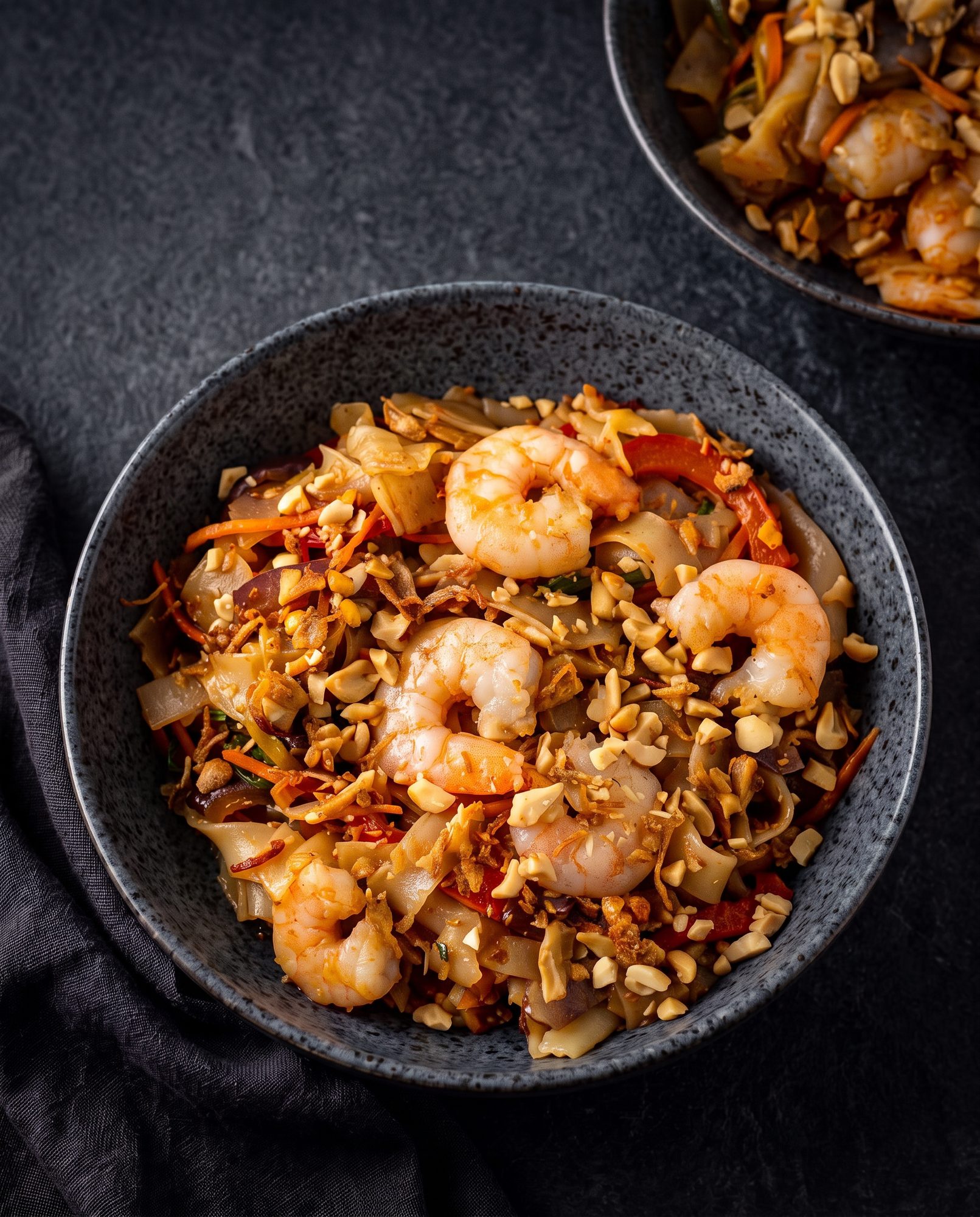Prawn pad thai in a dark bowl topped with a spoonful of chilli crisp