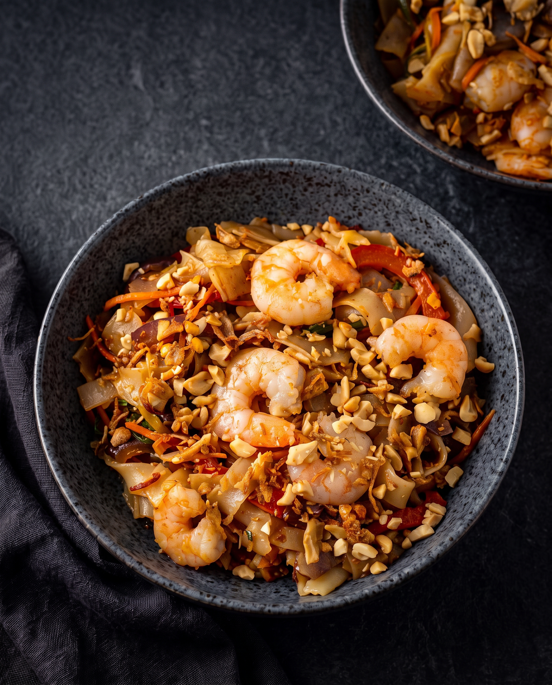 Prawn pad thai in a dark bowl topped with a spoonful of chilli crisp