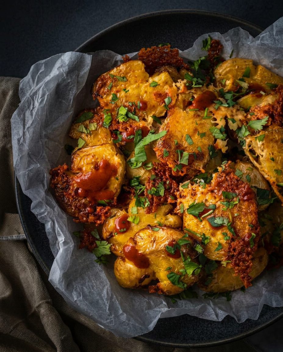 Crispy parmesan smashed baby potatoes drizzled with truffle hot sauce on a dark plate