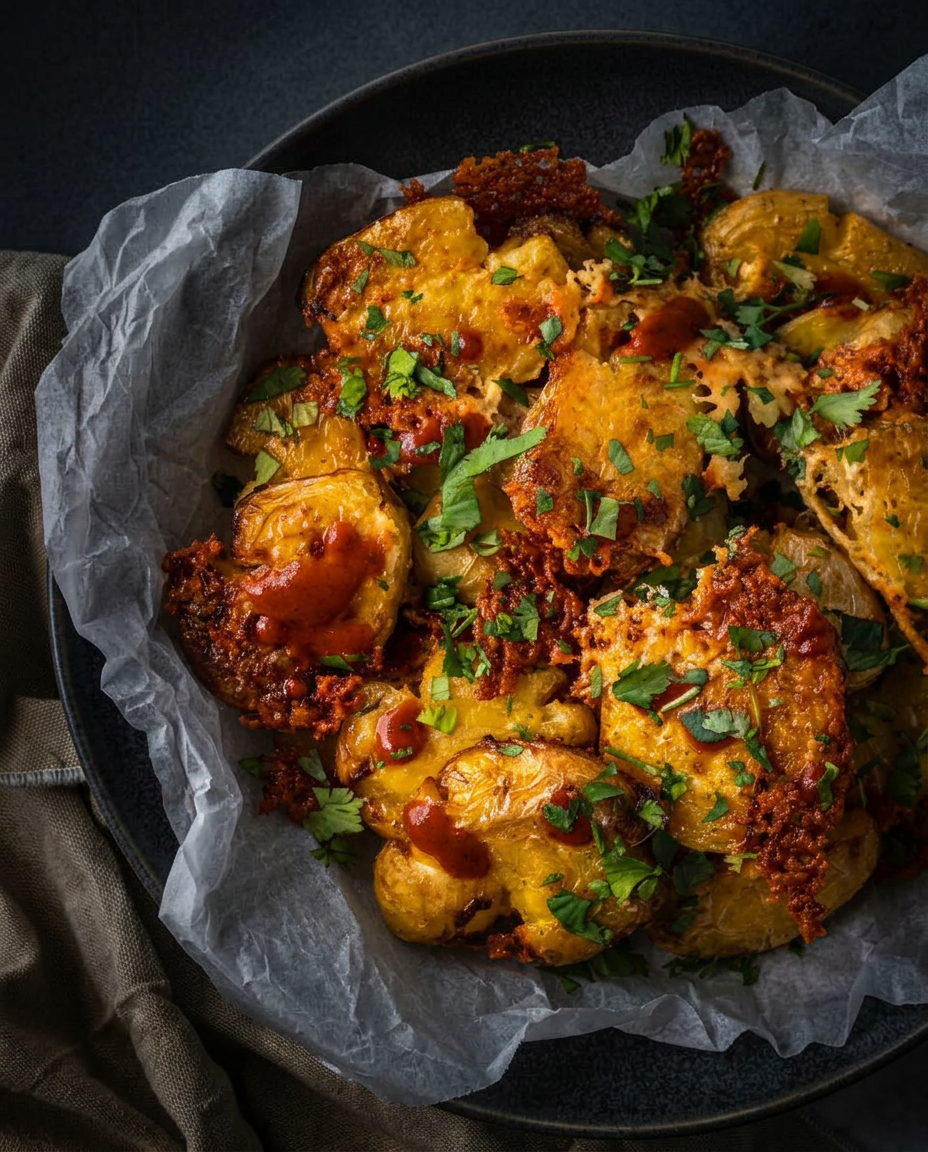 Crispy parmesan smashed baby potatoes drizzled with truffle hot sauce on a dark plate