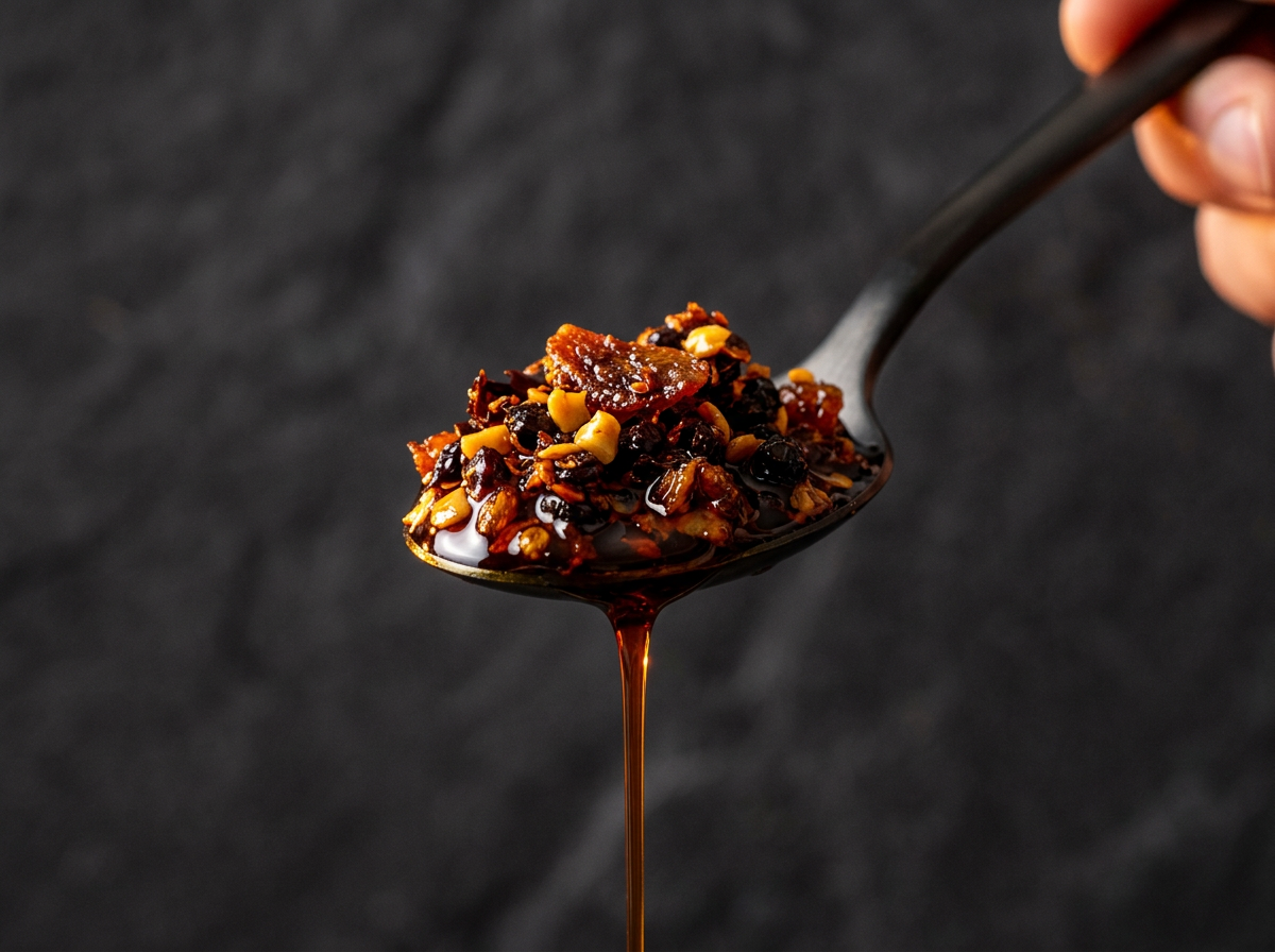 A spoonful of chilli crisp with oil dripping from the edge