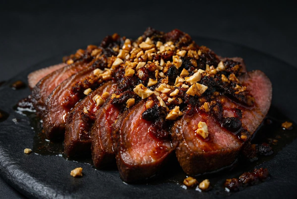 Sliced medium-rare steak topped with chilli crisp