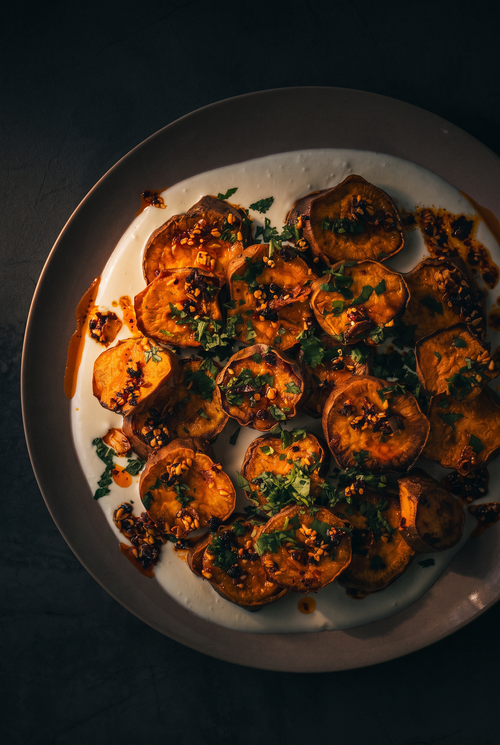 Roasted sweet potato wedges with chilli crisp and yoghurt