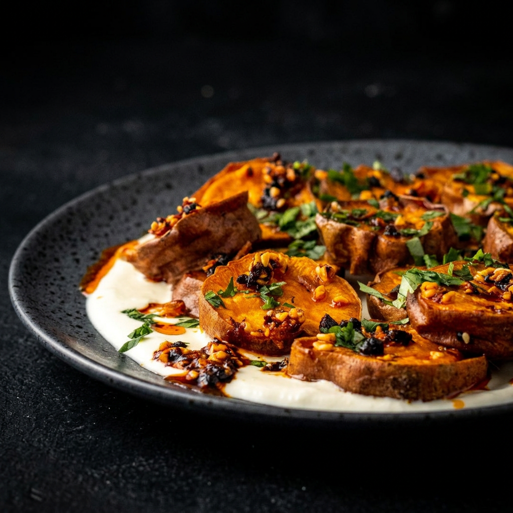Roasted sweet potato rounds on whipped feta with coriander and chilli crisp on a dark speckled plate