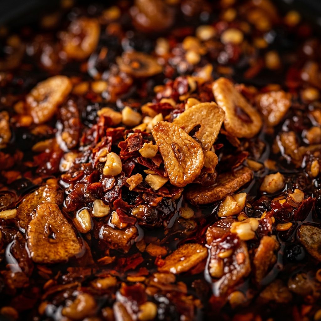 Macro texture of chilli flakes, fried aromatics and crushed cashew in glossy oil