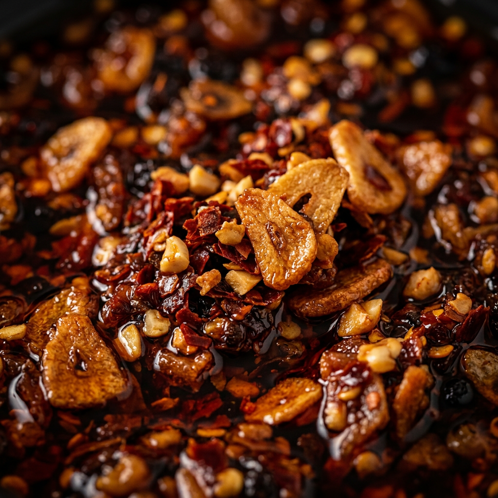 Macro texture of chilli flakes, fried aromatics and crushed cashew in glossy oil