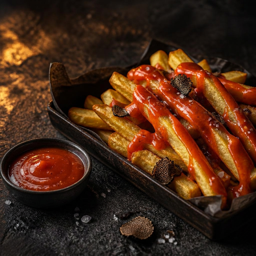 Hot chips drizzled with truffle hot sauce