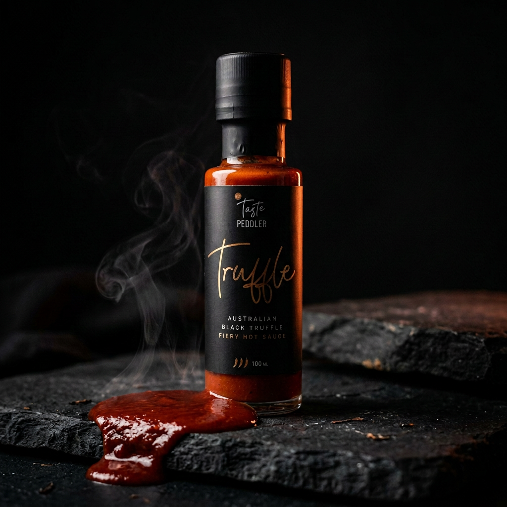 Bottle of Taste Peddler Australian black truffle fiery hot sauce on dark stone