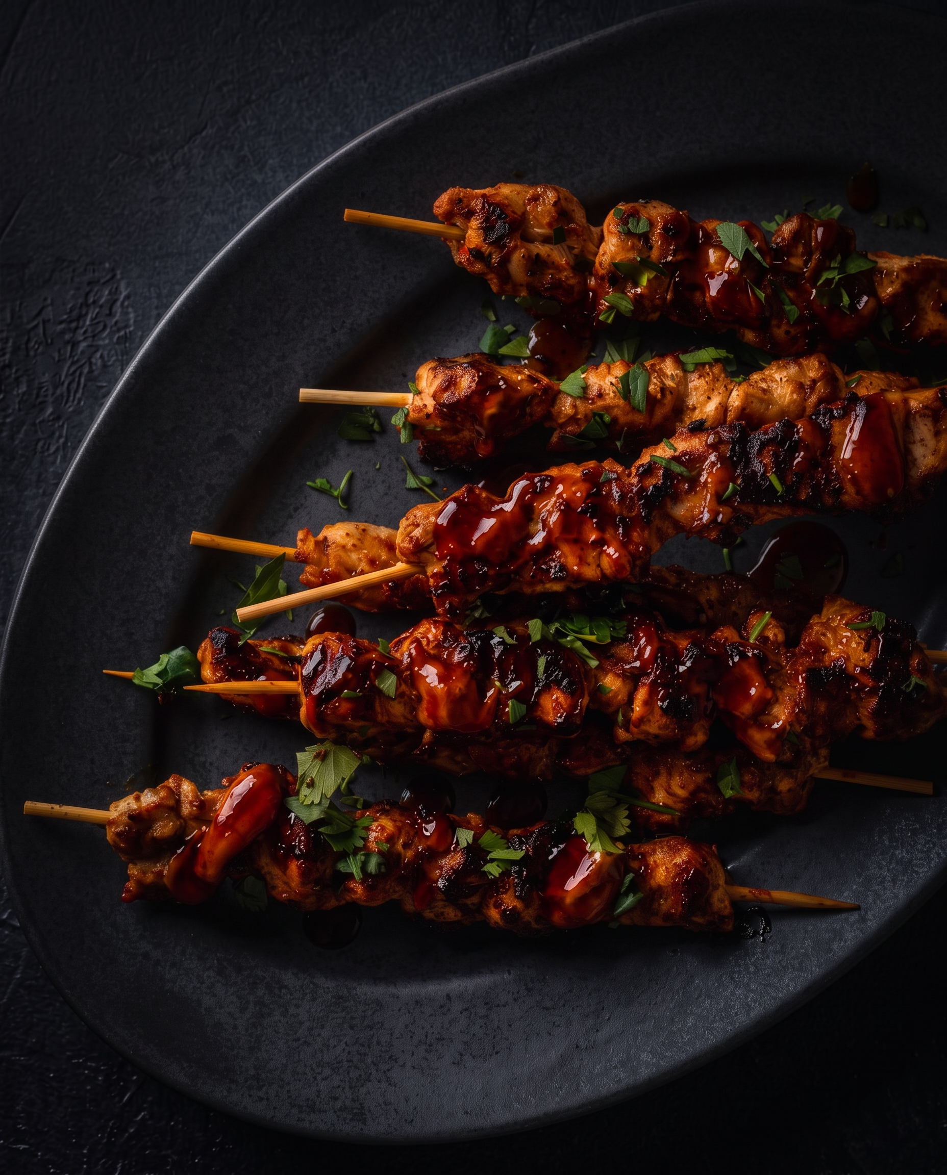 Charred chicken skewers glossed with truffle hot sauce on a dark plate
