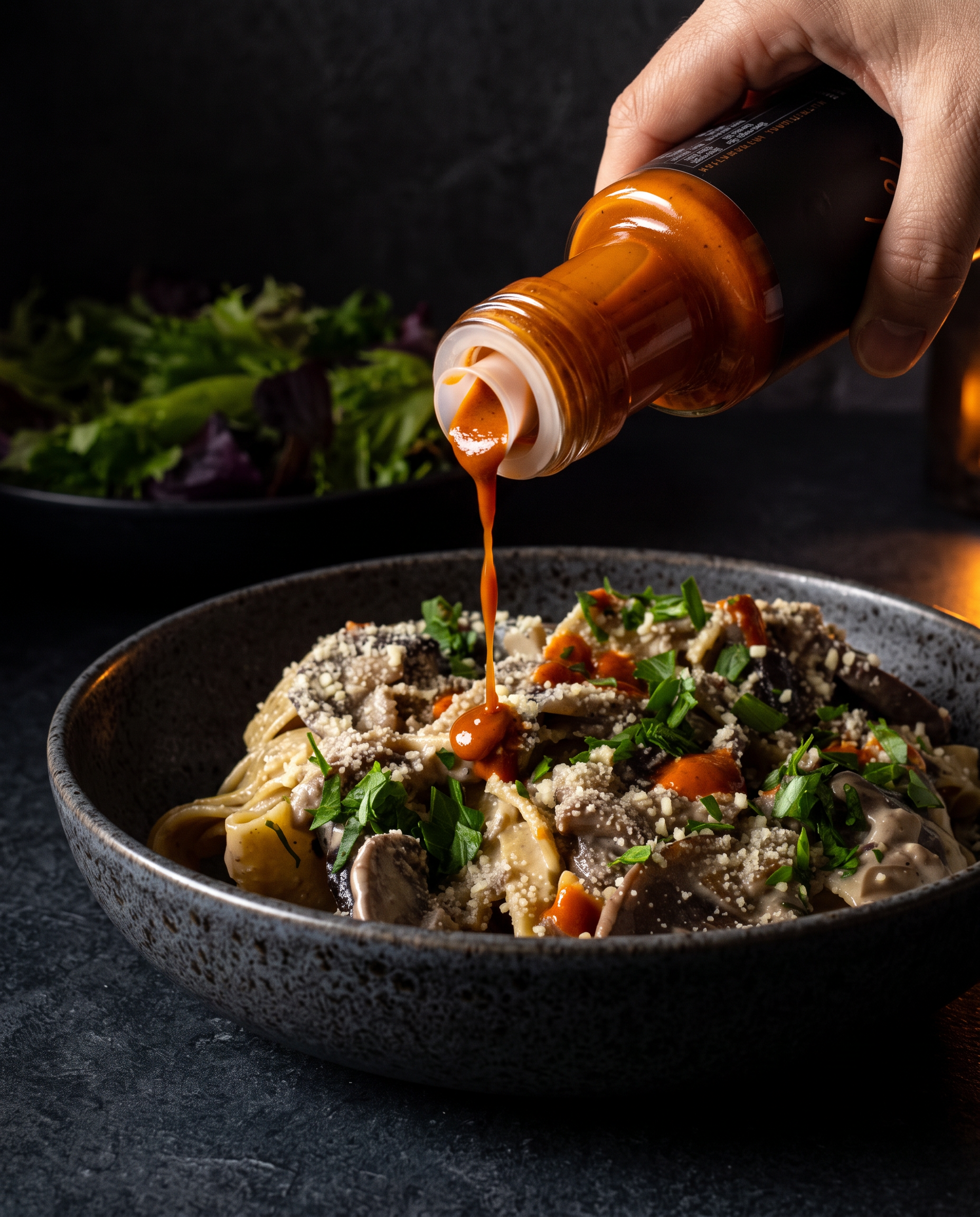 Creamy mushroom pasta in a dark bowl with truffle hot sauce being poured over