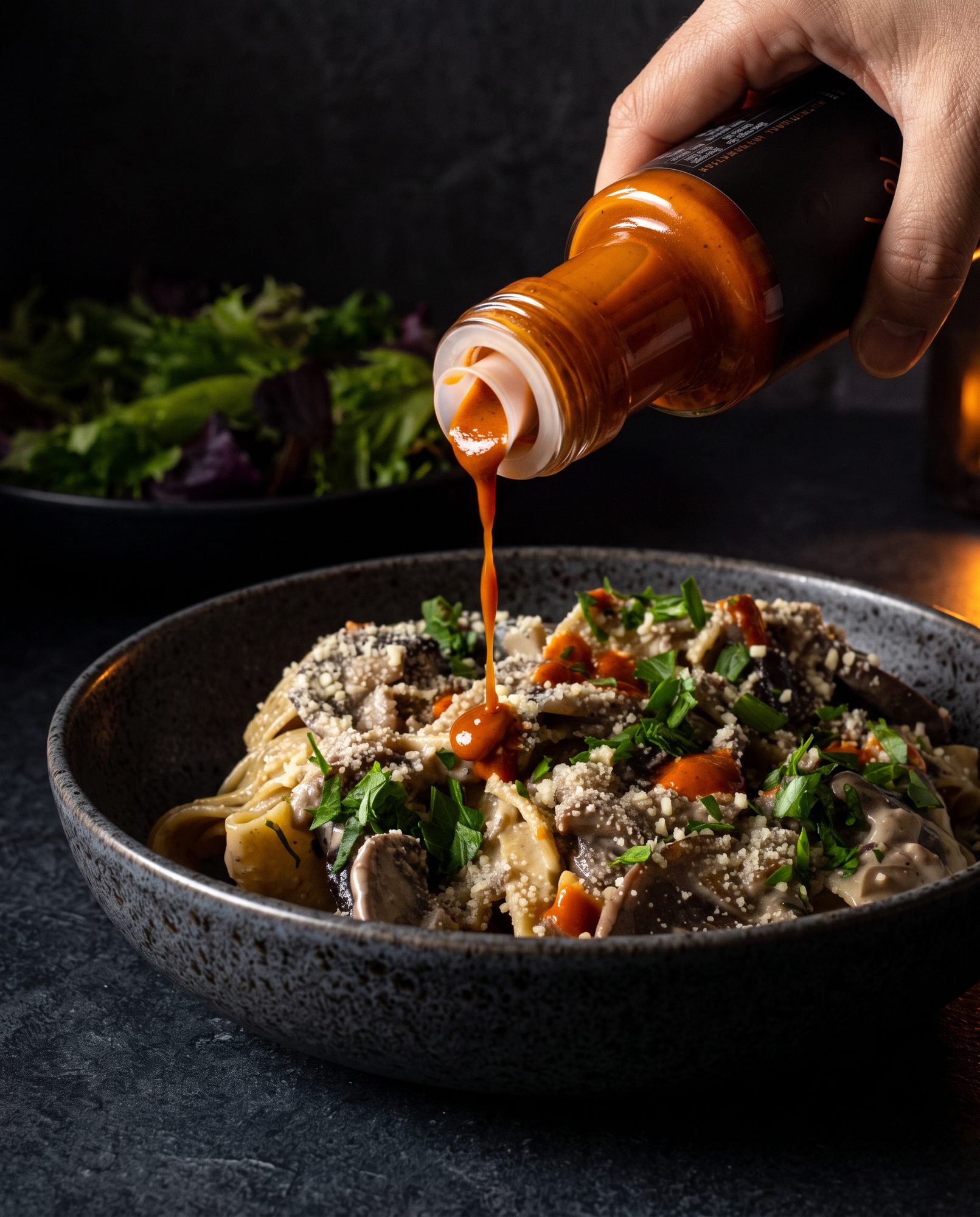 Creamy mushroom pasta in a dark bowl with truffle hot sauce being poured over