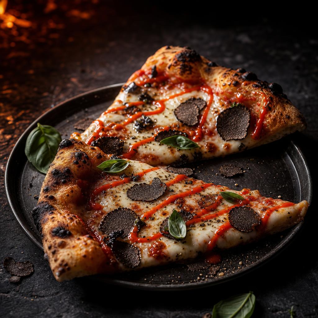Wood-fired pizza slices drizzled with truffle hot sauce and black truffle shavings