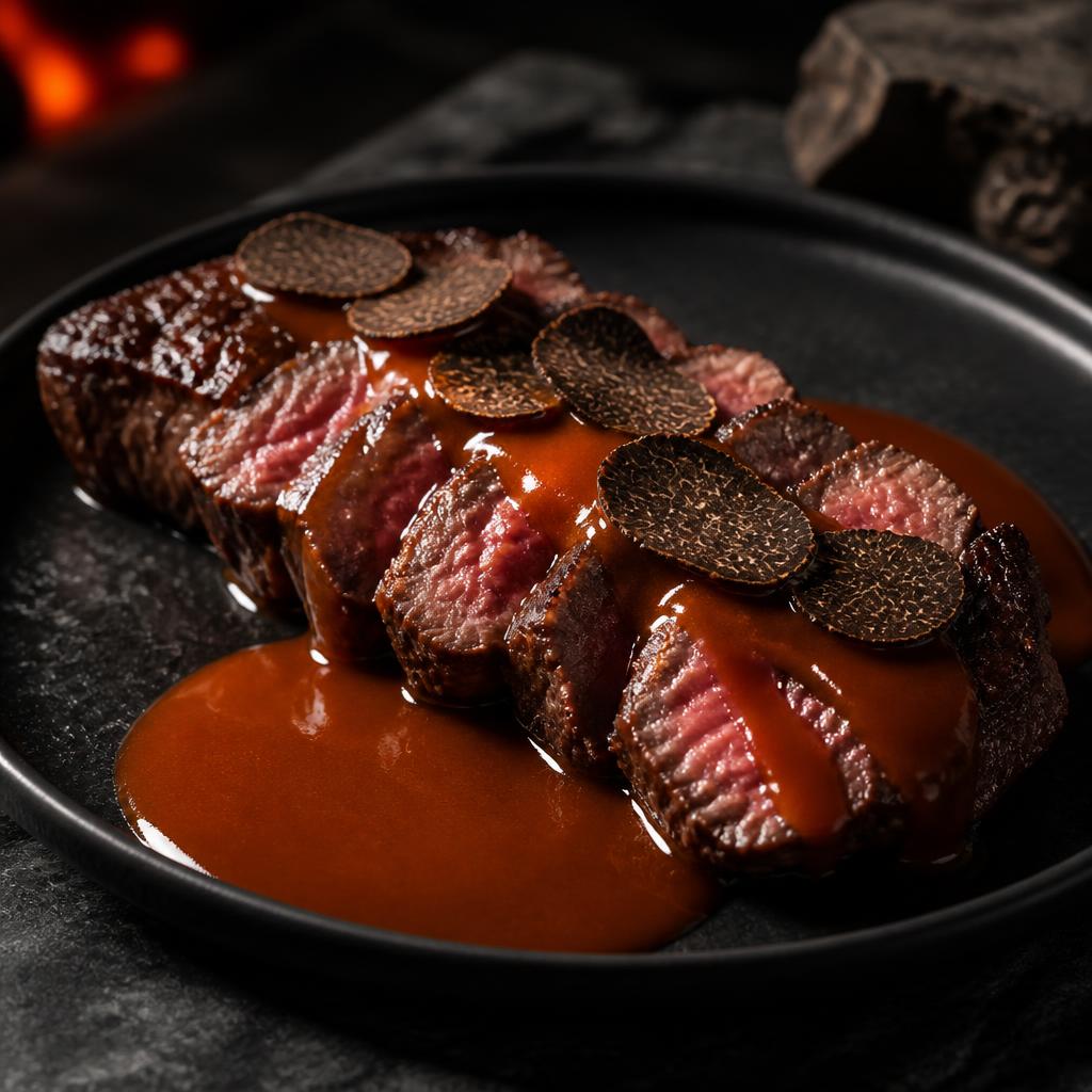 Sliced steak with truffle hot sauce and black truffle shavings